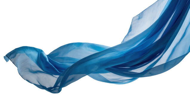 Flowing blue silk fabric rippling and waving, isolated on transparent background