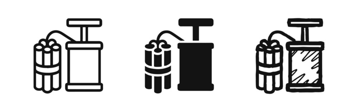 Dynamite TNT and Detonator Plunger Icon - Outline, Solid, and Hand-Drawn Styles
