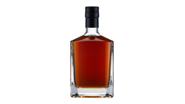 Clear glass bottle with dark amber liquid and black cap, isolated on transparent background