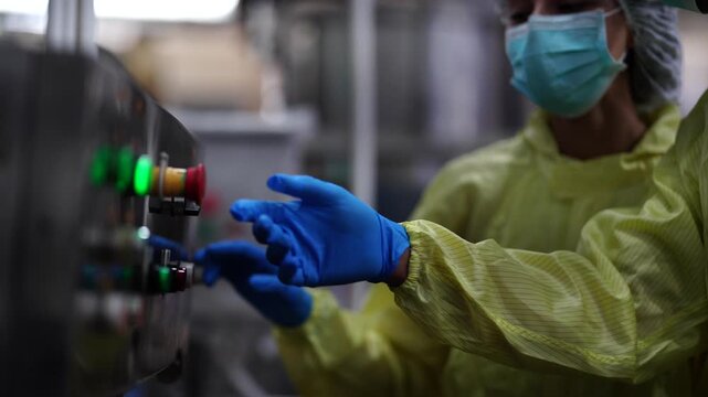 Close up of an industrial worker in a protective suit and blue gloves pressing buttons on an automated machinery control panel in a modern factory.