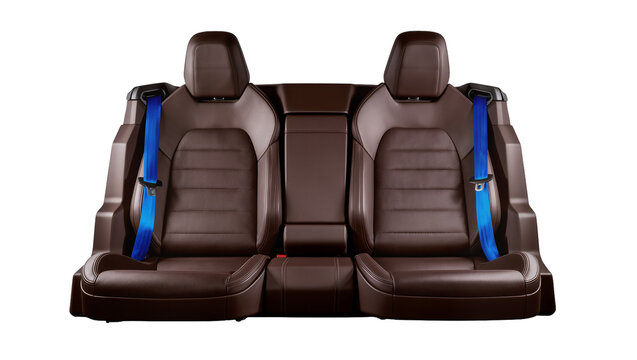 Brown leather car seats with blue seatbelts, isolated on transparent background