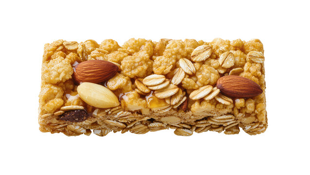 Hearty granola bar with almonds oats and puffed rice, isolated on transparent background