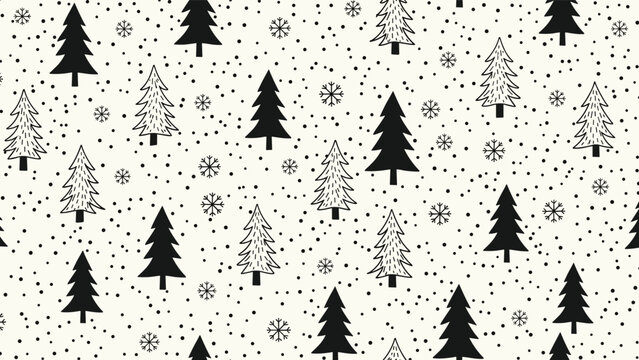 Charming seamless pattern featuring a festive scattering of black and outlined pine trees, intermingled with delicate snowflakes, on a speckled light beige background.