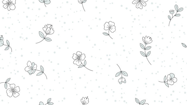 Delicate seamless pattern featuring a whimsical scattering of small hand-drawn flowers with subtle leaves, interspersed with tiny dots on a clean white background.