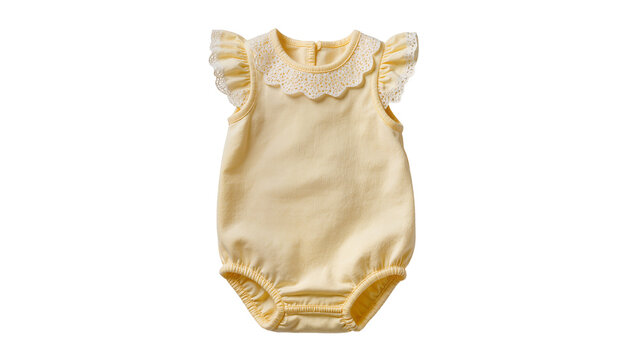 Soft yellow baby romper with lace collar and ruffled sleeves, isolated on transparent background