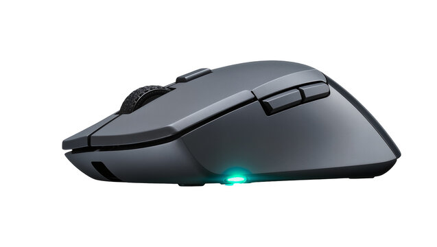Ergonomic dark gray wireless computer mouse with illuminated base, isolated on transparent background