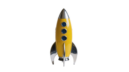 Retro yellow rocket ship with silver fins and nose cone, isolated on transparent background © Bogdan