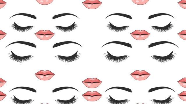 A stylish seamless pattern featuring closed female eyes with long voluminous eyelashes and delicate pink lips on a clean white background.