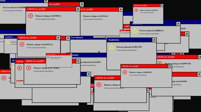 Retro computer interface experiences a cascade of critical system alerts and warnings before a recovery tool restores stability for cybersecurity concepts.