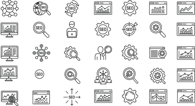 Comprehensive collection of search engine optimization line icons featuring data analytics charts web development strategy digital marketing tools keyword research and business growth management symb