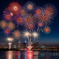 Fototapeta premium Stunning Multicolor Fireworks Display with Ground Fountains Bursting in Dark Night Sky — Grand Festival Celebration Background