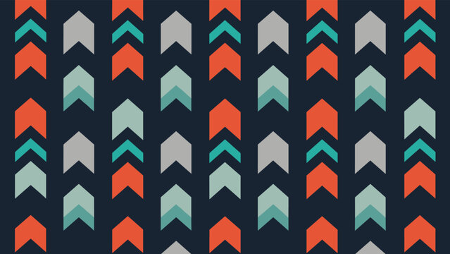 A modern seamless geometric pattern featuring stacked arrow and chevron shapes in orange, teal, and grey on a deep dark blue background.