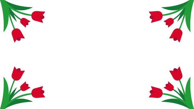 Red Tulip Flowers Corner Border Design with Green Leaves