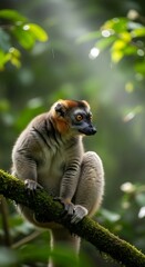 Fototapeta premium Lemur perched on a mossy branch in a lush forest, focused and alert.