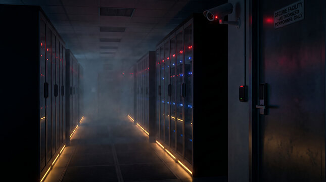 Digital heartland Fog-shrouded server corridor illuminating the vast network's core