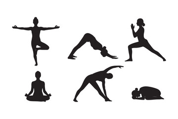 Obraz premium Set of yoga poses silhouettes for health and wellness concept.