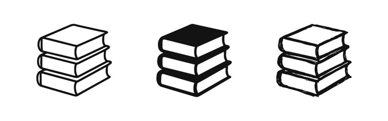 Stack of books icon set for library or education in outline, solid, and hand-drawn styles