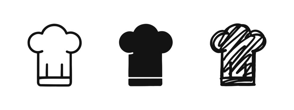 Chef hat icon set for restaurant and catering in outline, solid, and hand-drawn styles