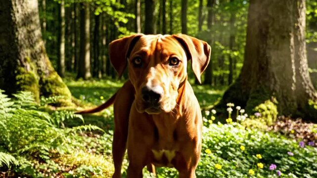 Beautiful brown Rhodesian Ridgeback dog standing in sunlight forest nature scene looking directly at the camera