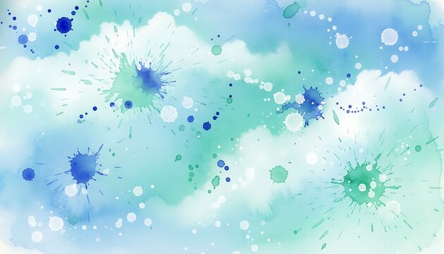 Light blue and green watercolor background with splatters background design paint splatt