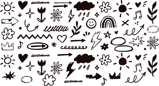 Collection of cute hand drawn black doodle icons with hearts flowers rainbows and speech bubbles on white, concept for bullet journal decoration, digital stickers and scrapbook design