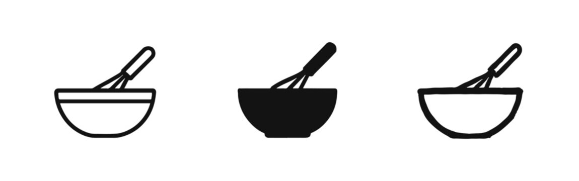 Mixing bowl and whisk icon set for baking in outline, solid, and hand-drawn styles