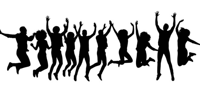 Group of people joyfully jumping in unison against a plain background isolated on transparent background, Vector
