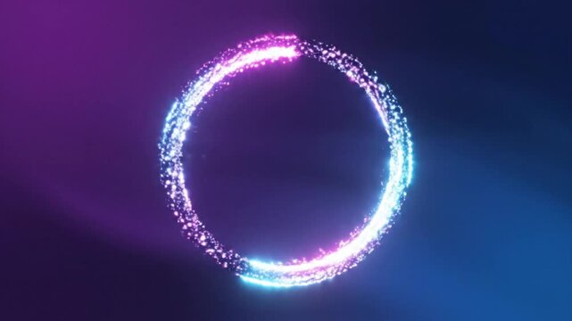 Abstract futuristic neon ring spinning against a vibrant gradient background loop for modern tech presentations.