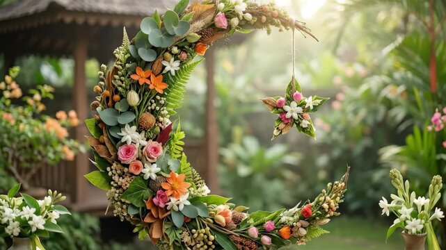 A crescent moon formed from natural elements for an Idul Fitri concept, delicate leaves, petals, and organic textures arranged in a graceful arc, serene symbolic atmosphere with soft daylight,