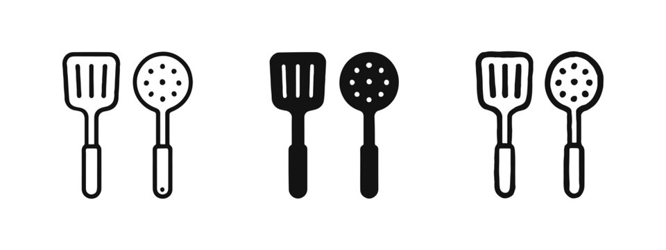 Kitchen Spatula and Slotted Spoon Icons Set in Outline, Solid, and Hand-Drawn Styles