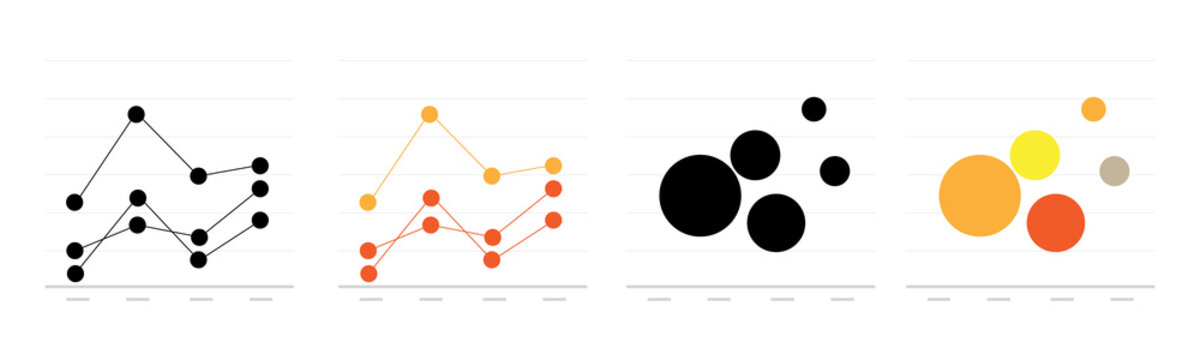 Data visualization elements, line graphs with points and scatter plot clusters on transparent background.