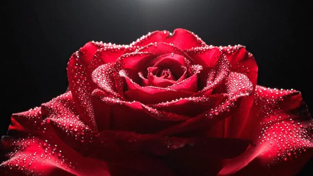 Close-up of a vibrant red rose with water droplets illuminated against a stark black background.