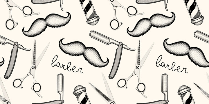 barbershop elements seamless pattern in vintage engraving style with mustache, scissors, and straight razor