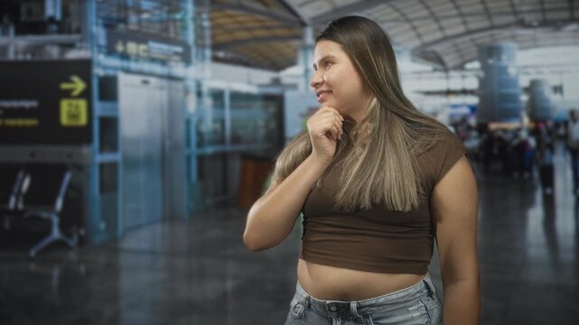 Young hispanic woman touching chin and smiling, bare midriff visible in an airport terminal; contemplation.