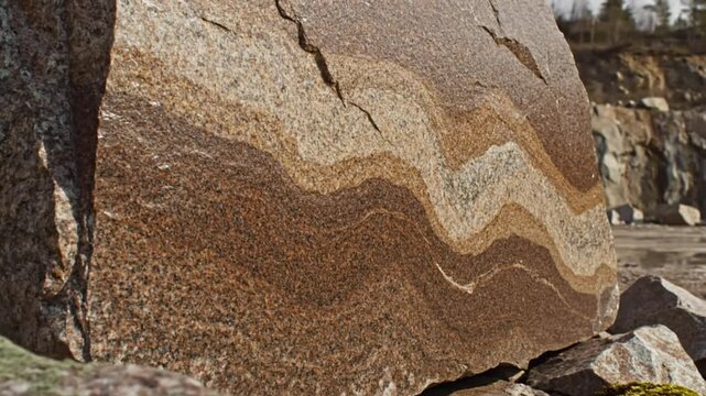 Close-up of a large granite rock with striking wavy layers in a quarry setting on a sunny day