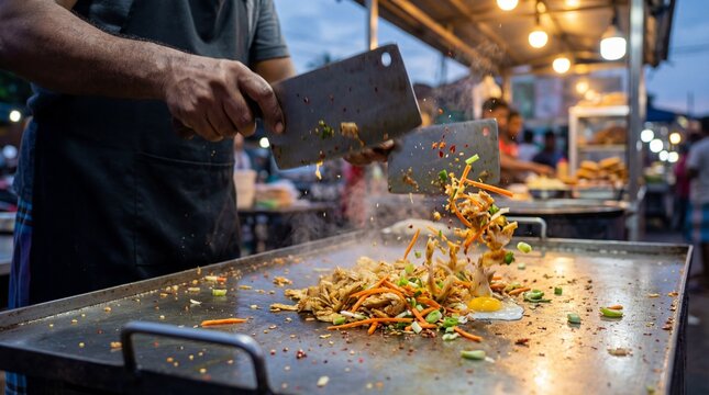Sri Lankan street food vendor preparing kottu roti on a hot grill with flying vegetables and dramatic cooking action. Ideal for culinary storytelling and travel food visuals.
