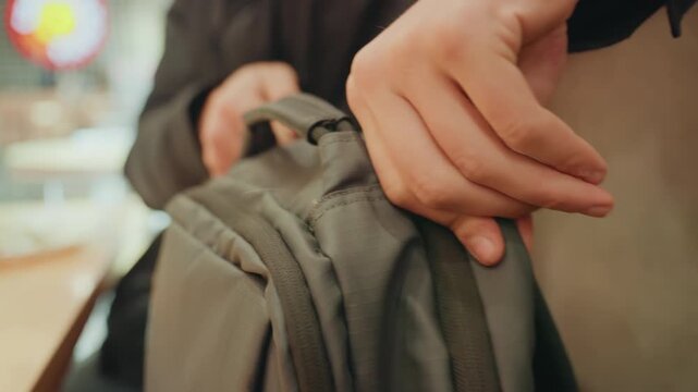 Closeup hand gripping backpack zipper, commuter seated in cafe adjusting strap and pocket, casual jacket and hoodie visible, subdued warm light, background bustle out of focus, deliberate protective