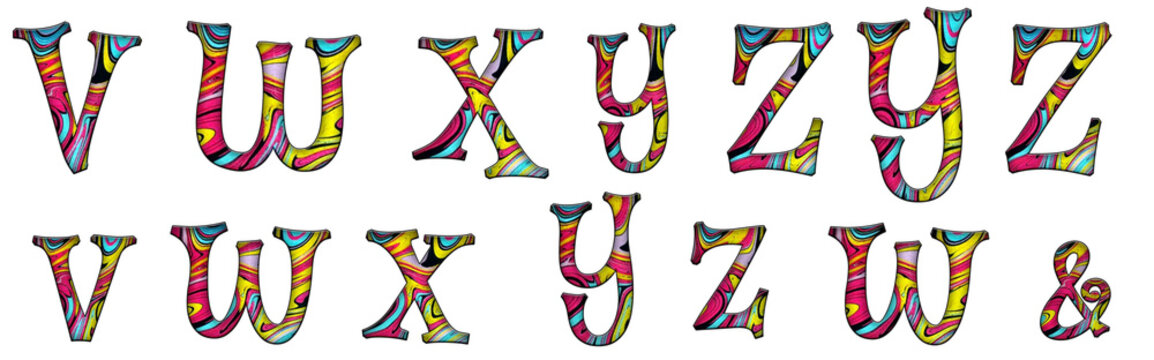 Abstract psychedelic pattern acid stains Mystery V, W, X, Y, Z word design abc copy Alphabet letter text typography font