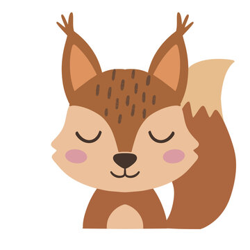Cute sleeping squirrel head with long ears, adorable forest squirrel with closed eyes, funny cartoon vector illustration for baby shower card.