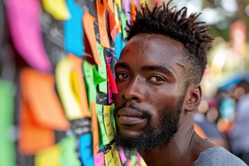 Obraz premium Young man with beard and textured hair near colorful sticky notes on wall