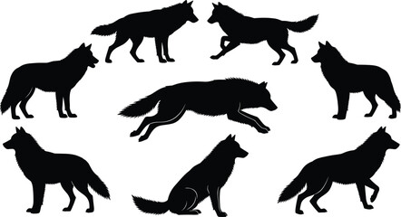 Collection of wolf silhouettes in dynamic poses including standing, running, sitting, and leaping, expressive animal vector illustration design © Mukti