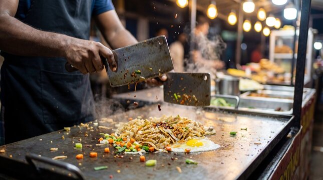 Street food chef chopping Sri Lankan kottu roti on a hot metal grill with dramatic cooking action. Ideal for food culture, street cuisine, and travel editorial concepts.