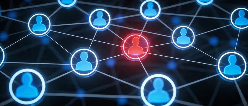 A central figure connects with multiple people in a network of relationships and communication.