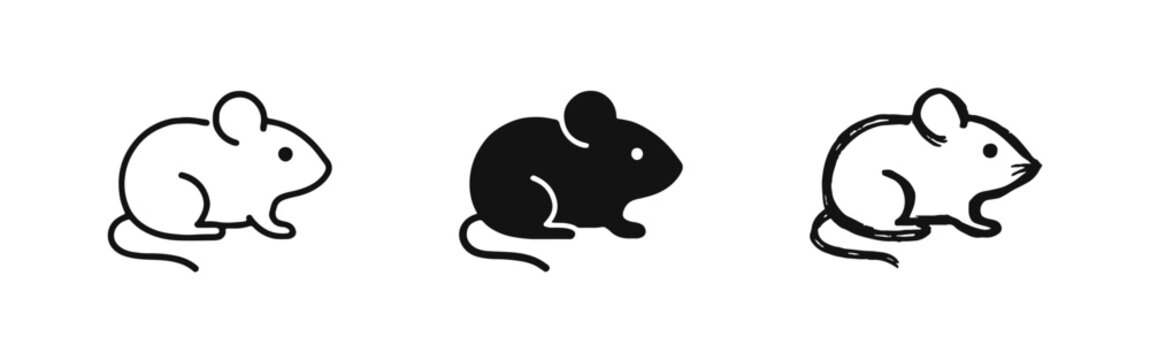 Mouse or Rat Icon Set in Line, Solid, and Hand-Drawn Styles for Animal Design