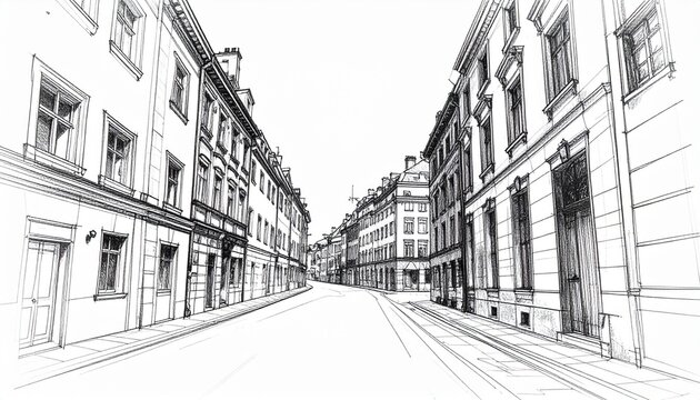 Hand Drawn Architectural Sketch of a Classic European Street