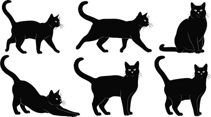 Black cat silhouettes set, domestic feline poses vector collection including walking, sitting, stretching for pet design, animal illustration, and creative projects © Mukti