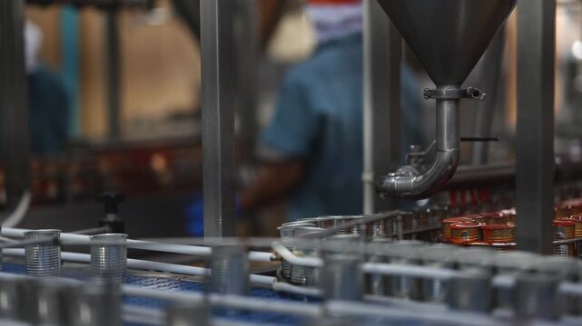 Automated liquid filling machine and hopper operating on a conveyor line with metal cans inside a modern industrial food processing plant.