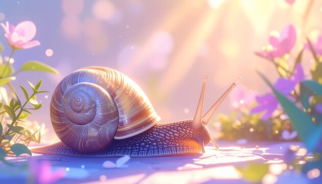 Whimsical Snail Crawling Through a Dreamy Floral Garden