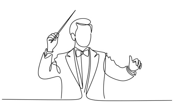 continuous line drawing of orchestra conductor, single line drawing of orchestra leader's hand holding baton.