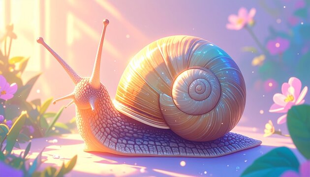 Cute Snail with Spiral Shell in a Dreamy Pastel Garden